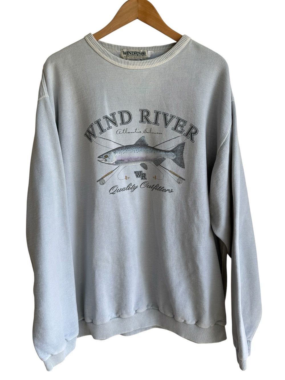Vtg Wind River Crewneck Sweatshirt Mens 3XL Blue Atlantic Salmon Fish Distressed